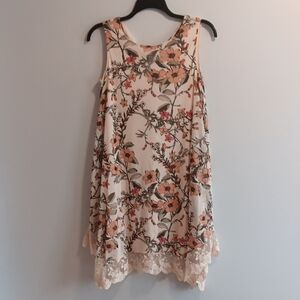 Kate & Mallory Pink Scoop Neck Mini Sundress, Sleeveless, Floral, Lace Trim